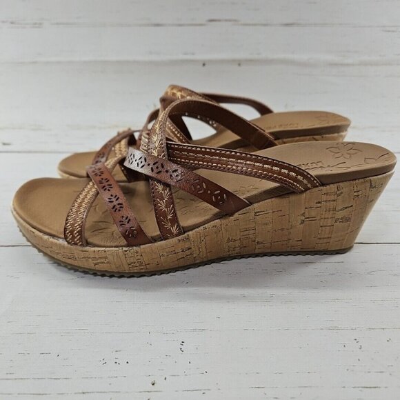Skechers Womens Size 11 Beverlee Tiger Posse Brown Laser Cut‎ Open Toe Wedges - Picture 2 of 11